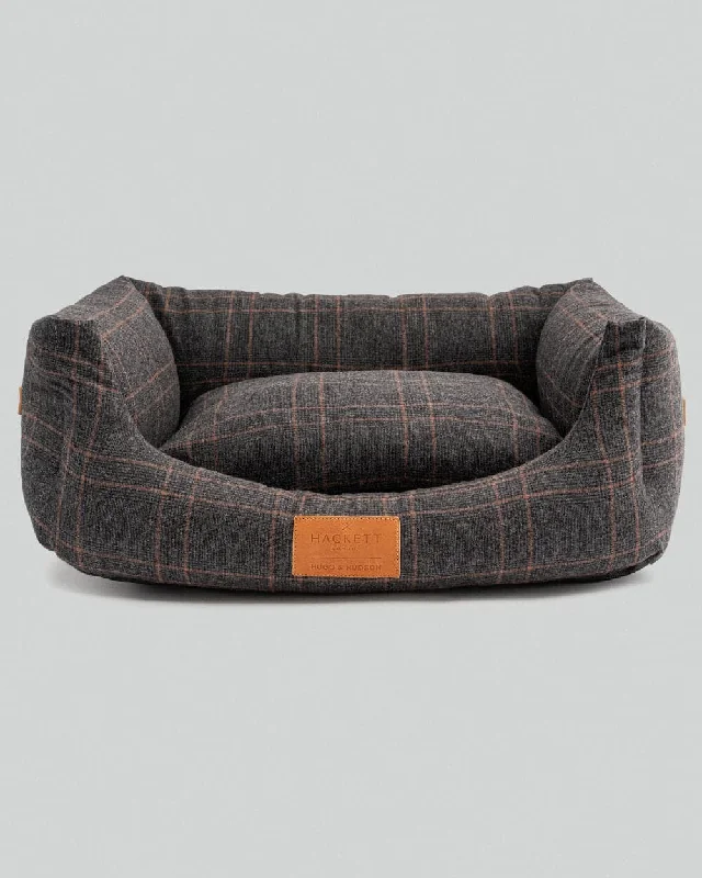 Dark Grey Checked Tweed Fabric Dog Bed