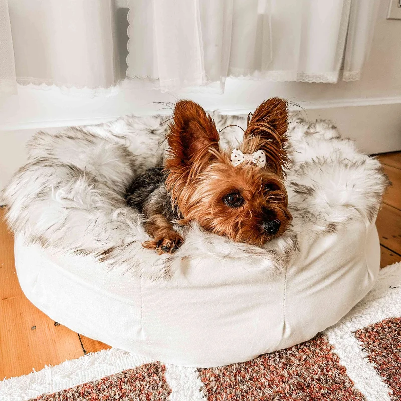 PupPouf™ Faux Fur Donut Dog Bed - White with Brown Accents