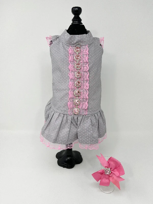 005  Grey Pink Polka Dot Dress with Bow Size XS