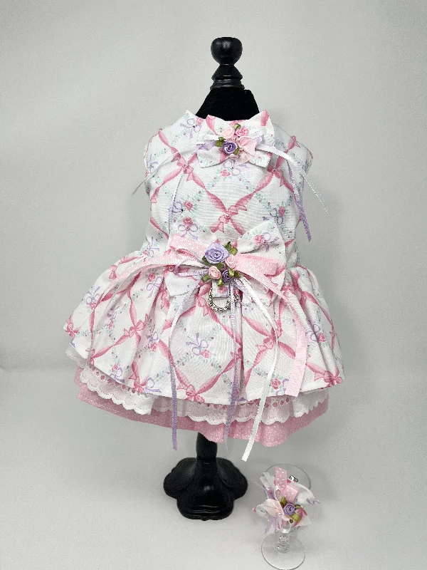 019  White with Pink Flower Print Dress with Bow Size S