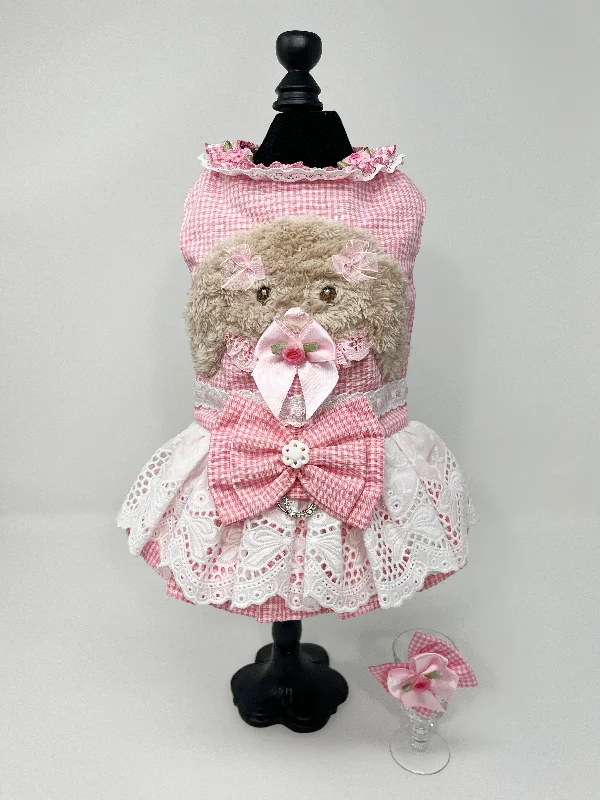 020 Pink Gingham Puppy Dress with Bow Size S