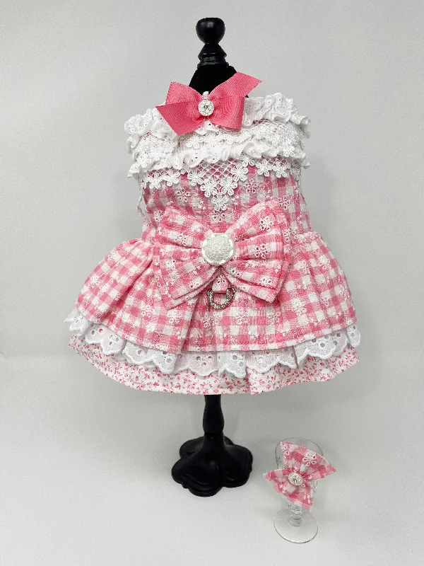 027  Pink Gingham & White Lace Dress with Bow Size M