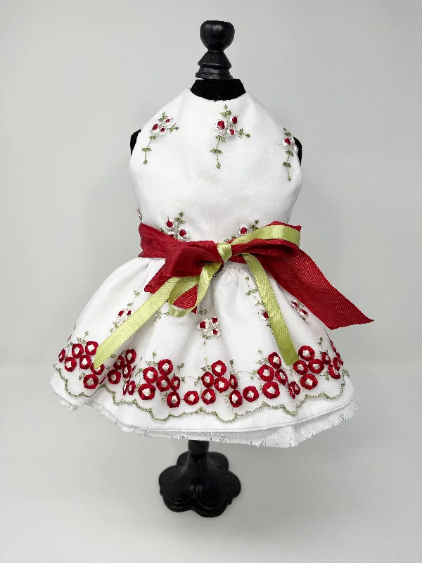 032  White Dress with Red Flowers and Ribbons and Bow Size XXS