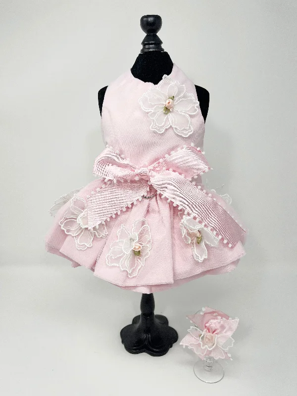 045  Elegant Pink Dress with White Lace Flowers and Hair Bow Size XXS