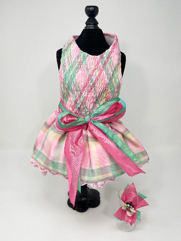 046  Pink & Mint Plaid Smock Dress with Hair Bow Size XXS