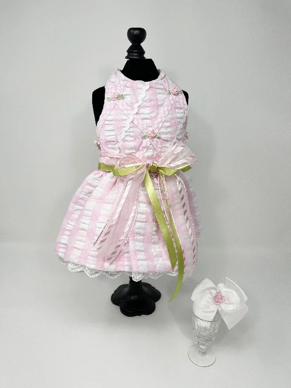 050  Pink & White Dress with Ribbons and Hair Bow Size XXS