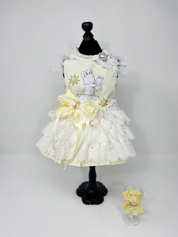 052  Light Yellow Bunny Theme Dress with Ribbons & Hair Bow Size XS