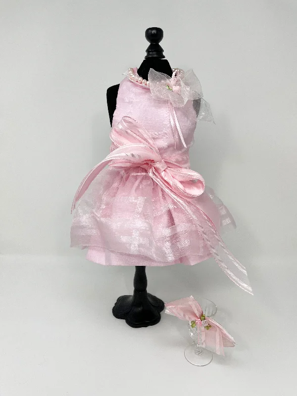 054  Elegant Pink Dress with Printed Tulle and Ribbons and Hair Bow Size XXS