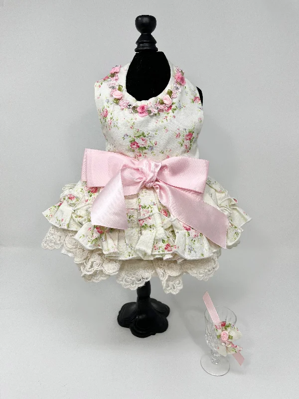 055  White and Light Pink Floral Dress with Ribbons and Hair Bow Size XS