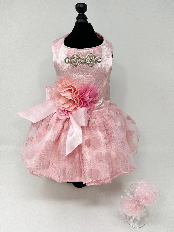 058  Pink Satin and Polka Dot Tulle Dress with Hair Bow Size M