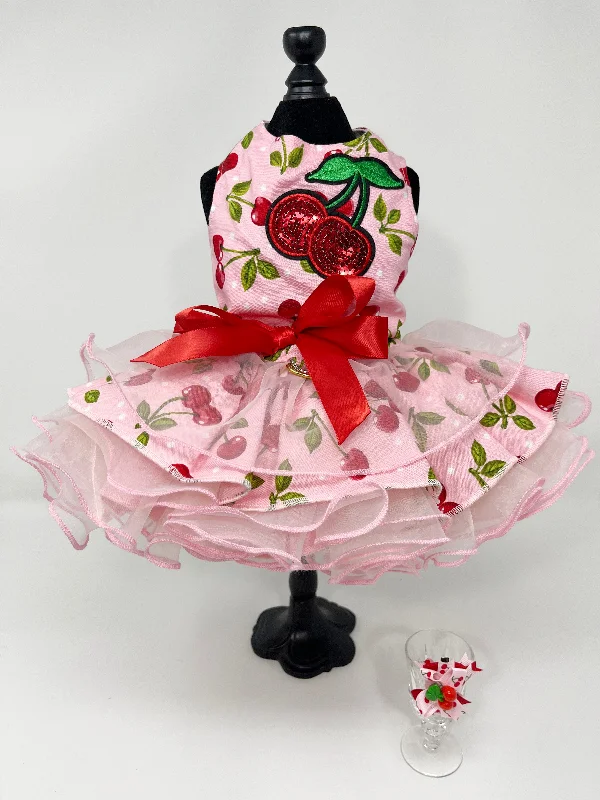 062  Cherry Theme Dress with Multi-Layer Skirt and Hair Bow Size XS