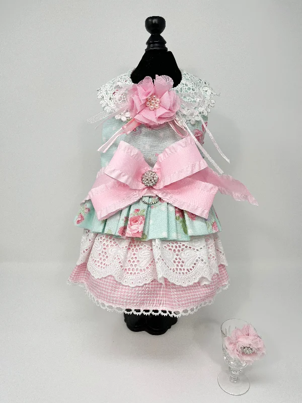 066  Pink & Mint Floral Dress with Hair Bow Size M