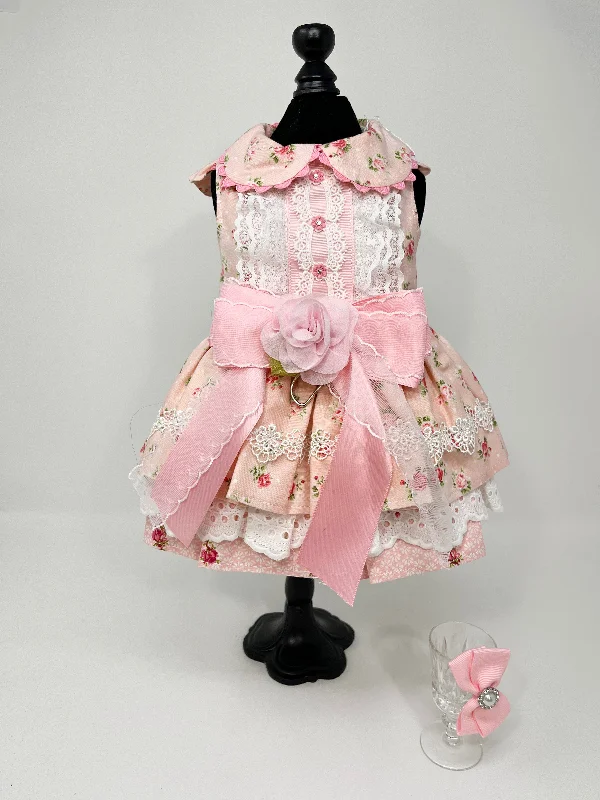 070  Pink Floral and Lace Dress with Hair Bow Size S