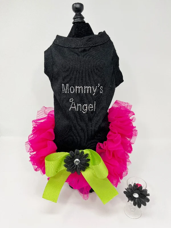 072  'Mommy's Angel' Black Knit Dress with Fushia Skirt and Hair Bow Size XXS