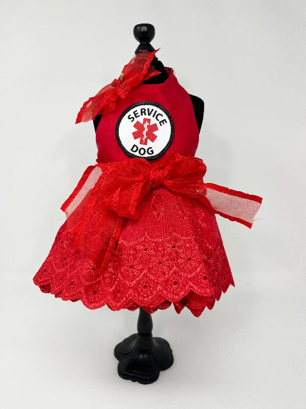 078  Red Lace Service Dog Dress with Ribbons Size XS