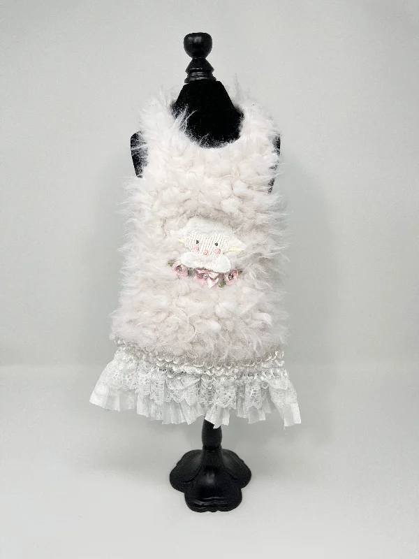 079  White Fur Lamb Dress with Lace Skirt Size S