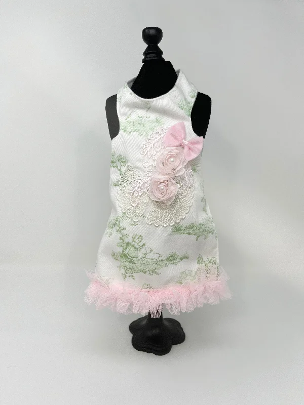 081  White & Sage Printed Dress with Pink Tulle Skirt & Flowers Size XS