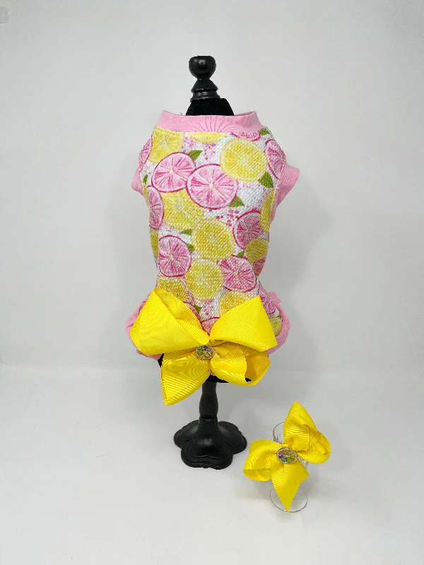 084  Pink & Yellow Lemon Theme Dress with Hair Bow Size XXS