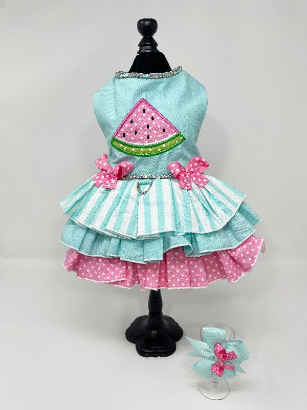 090  Teal & Pink Watermelon Dress with Hair Bow Size XS