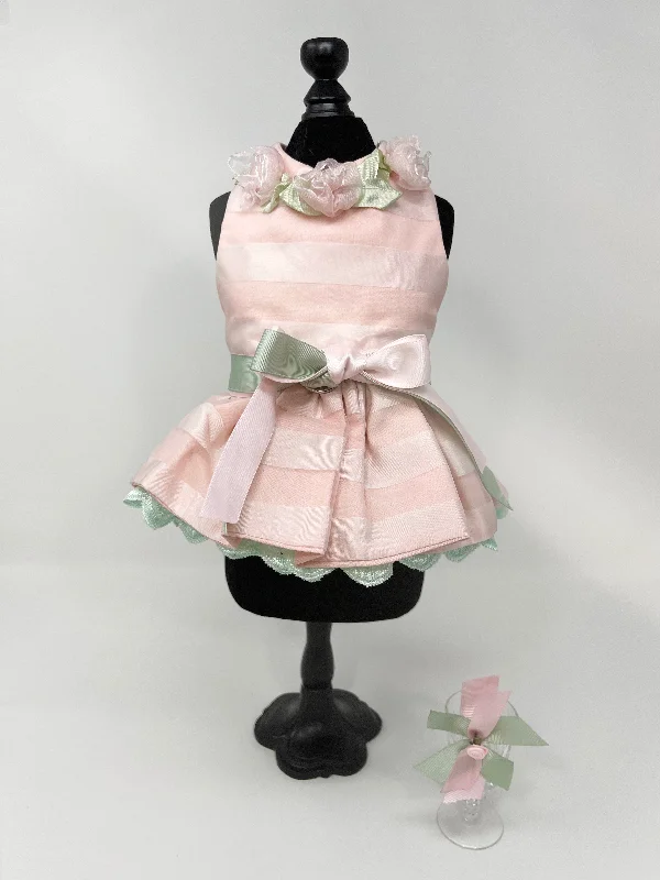 091  Classy Pink Satin Stripped Dress with Hair Bow Size XS