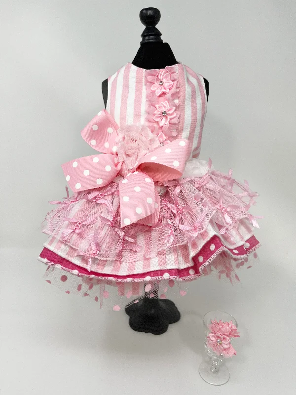 095  Pink Stripe & Polka Dot Dress with Large Ribbon Bow and Hair Bow Size M