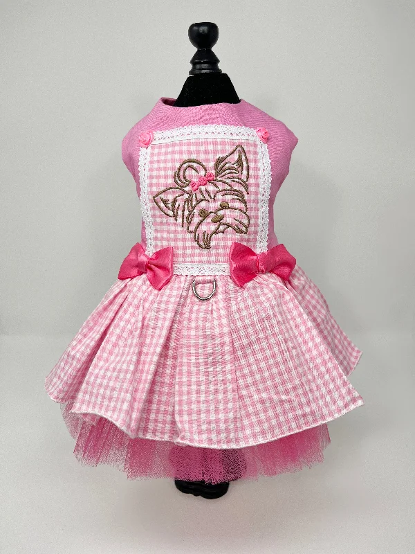 103  Pink & White Gingham Dress with Embroidered Puppy Face Size M