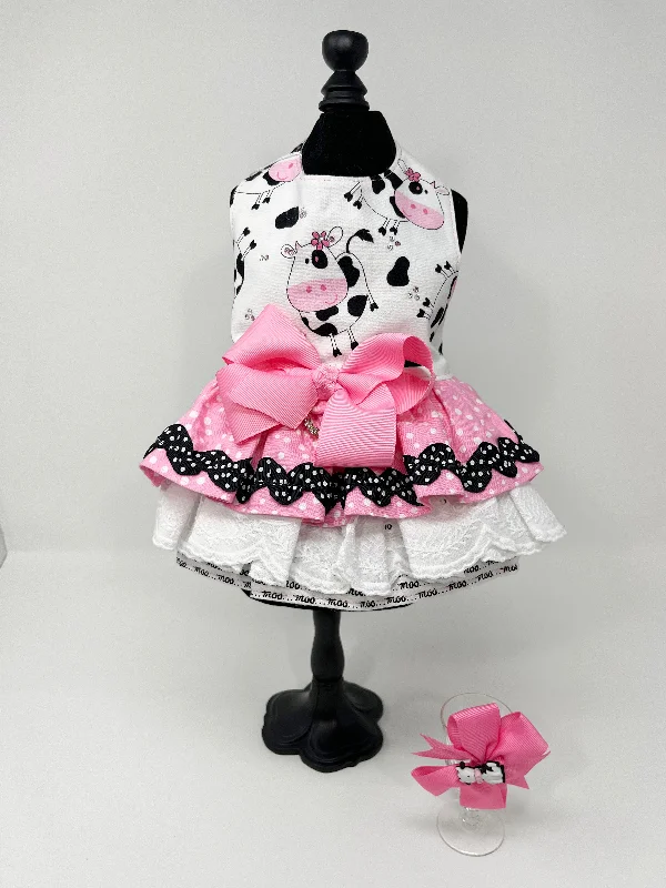 106  Pink, Black and White Cow Theme Dress with Pink Hair Bow.  Size XS