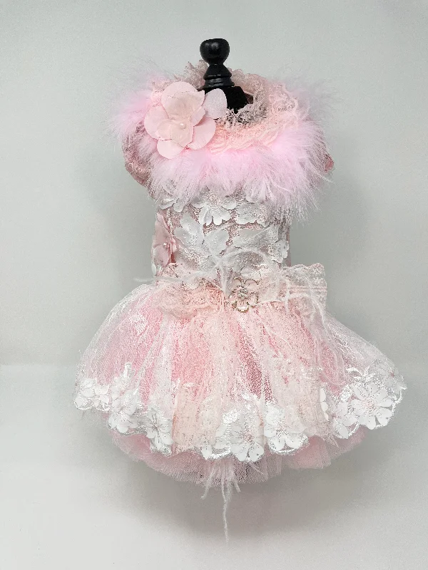 109  Pink Feather Dress with White Lace Flowers.  Size S