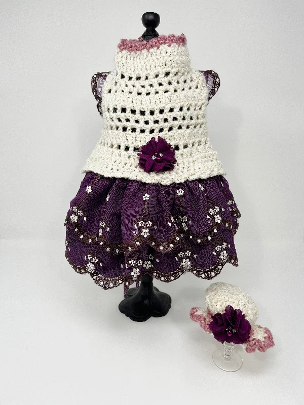 110  Cream Crochet Dress with Purple Lace Skirt and Hair Bonnet.  Size M