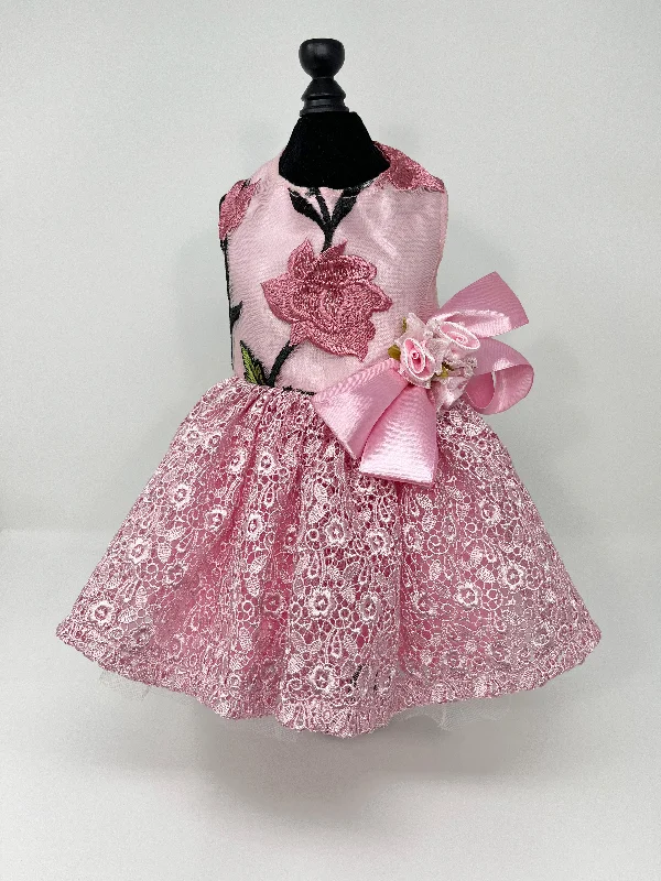 114  Pink Satin Rose Dress with Pink Lace Skirt.  Size S