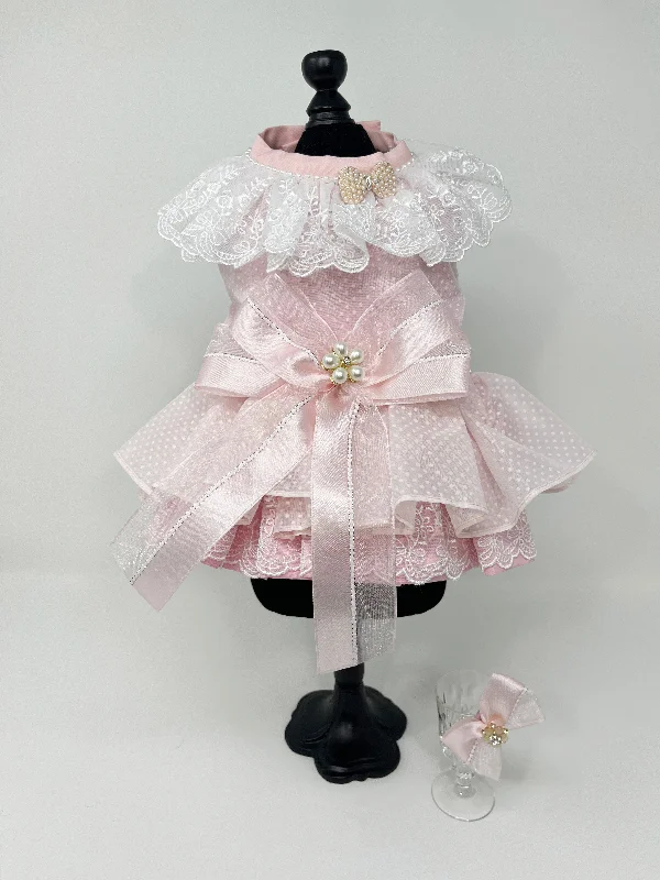 117  Pink & White Polka Dot Dress with Lace Collar and Multi-Layer Skirt Plus Hair Bow.  Size M