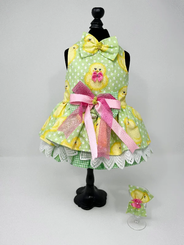 118  Green & Yellow 'Chick' Dress with Pink Bow and Hair Box.  Size XS