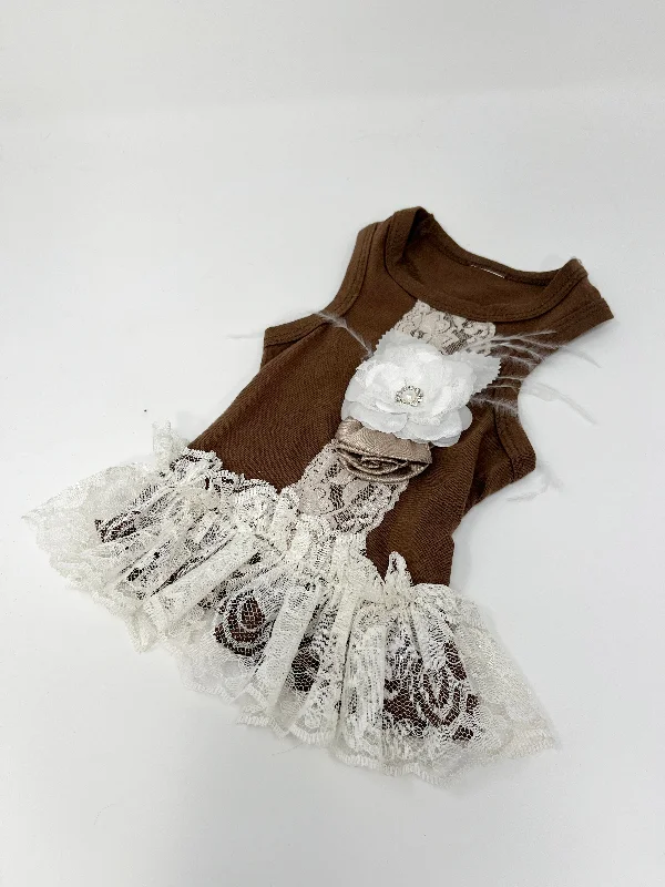 119  Brown Tank Dress with White Flower and Lace Skirt.  Size XXS