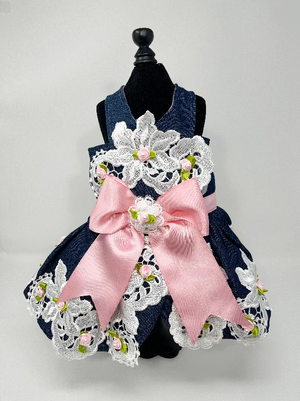 122  Denim Dress with White Lace Appliques and Large Pink Bow.  Size XXS