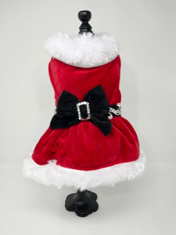 123  Red Mrs.Clause Dress with White Fur Trim and Black Bow Belt.  Size S