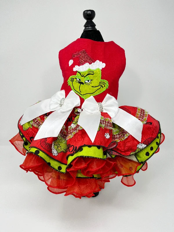 125  Red & Green 'Grinch' Dress with Multi-Layer Skirt and White Bows.  Size M