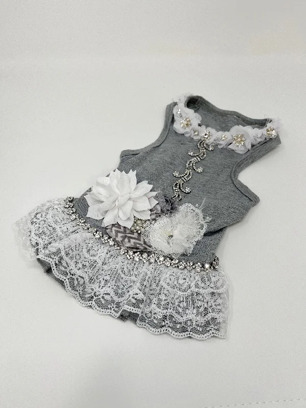 127  Gray Knit Dress with Embellishments and White Lace.  Size M