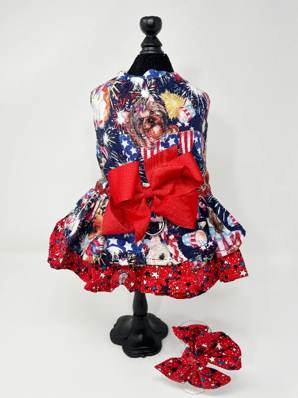 128  Red, White & Blue Patriotic Dress with Red Satin Bow and Hair Bow.  Size S