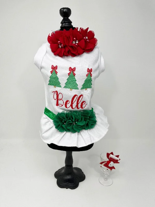 129  'Belle' Christmas Theme Dress with Red Pointsettas and Hair Bow.  Size XXS