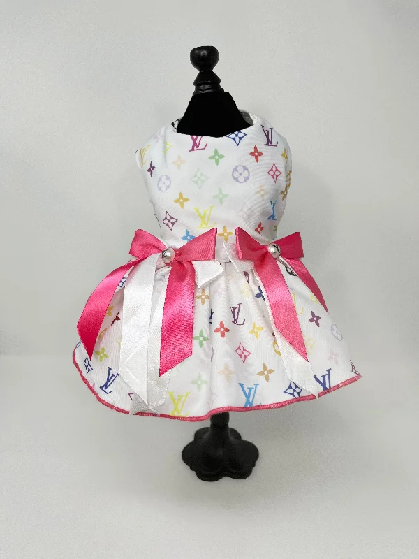 130  Famous Brand Print Dress with Pink & White Bows.  Size XS