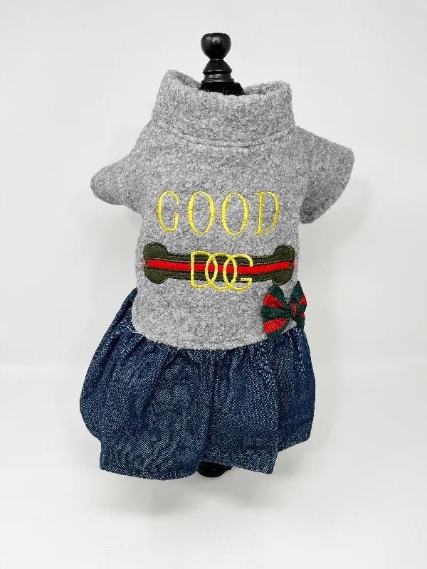 131  Grey Fur 'Good Dog' Dress with Denim Skirt.  Size M