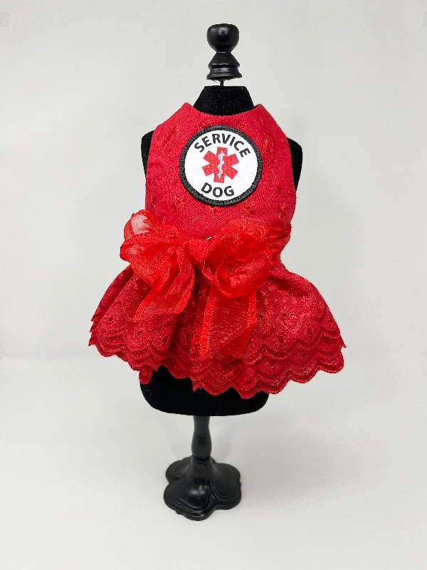 134  Red Lace 'Service Dog' Dress with Red Lace Belt/Bow.  Size XXS