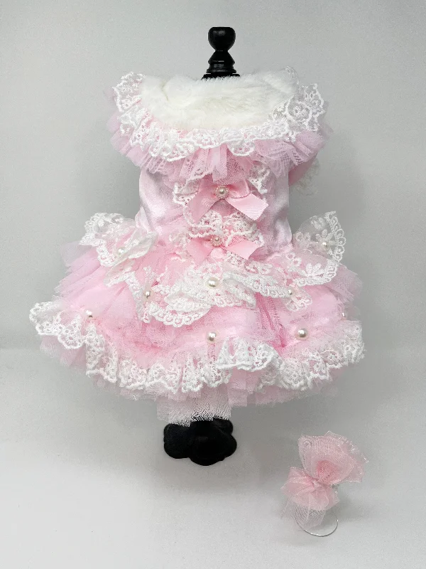 135  Pink and White Lace Dress with Pink Hair Bow.  Size XXS