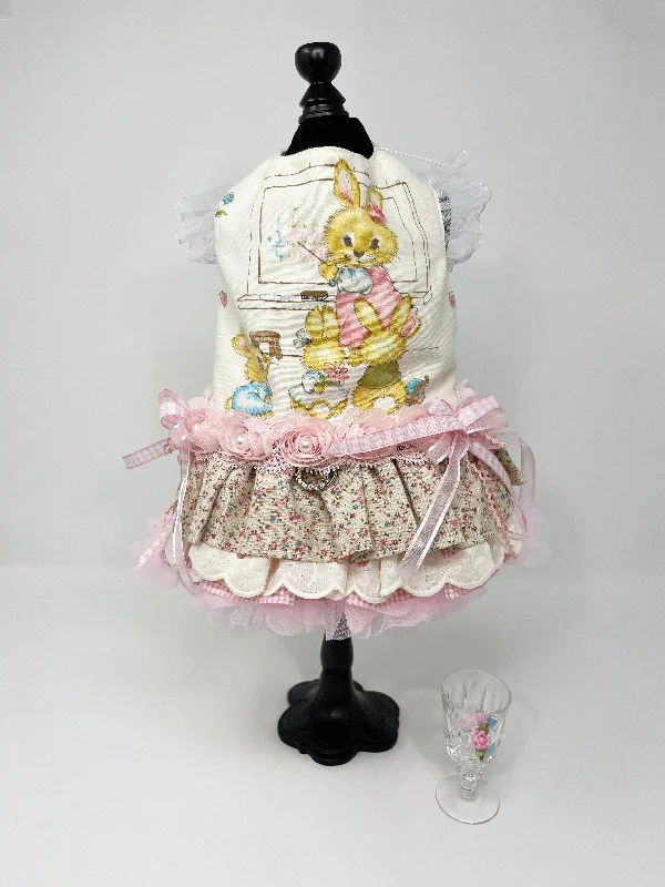 136  Easter Bunny Theme Dress with Multi-Layered Skirt and Pink Bows.  Size S