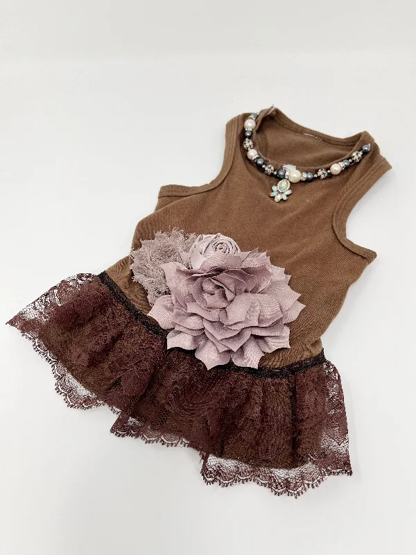 138  Brown Knit Dress with Embellishments, Lace Skirt and Hair Bow.  Size XXS