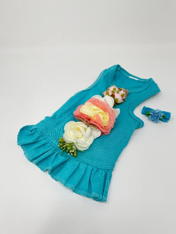 139  Teal Knit Dress with Flower Embellishments and Hair Bow.  Size XXS