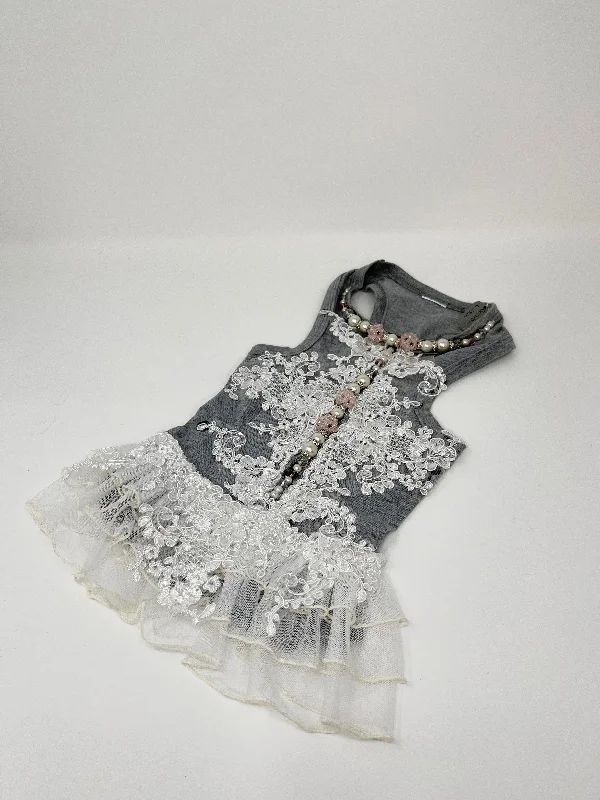 142  Gray Knit Dress with Lace and Jewel Embellishments and Lace Skirt.  Size XXS