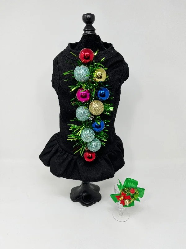 145  Black Knit Dress with Holiday Ball Embellishments and Hair Bow.  Size XXS