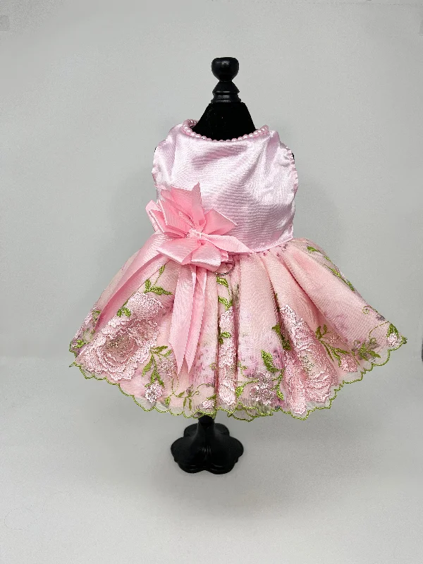 200  Pink Satin Dress with Embroidered Skirt and Hair Box.  Size XS