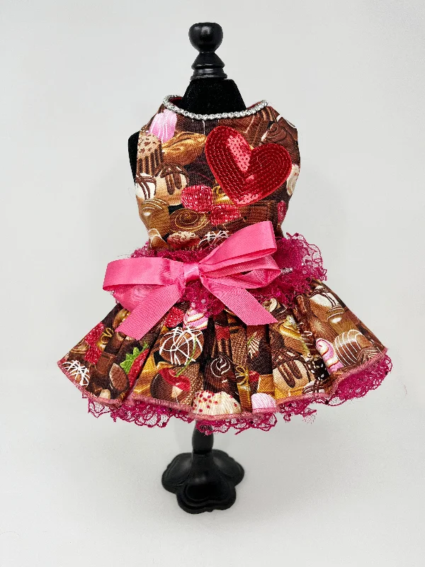 203  Chocolate Candy Theme Dress with Sequin Heart, Lace & Bows.  Size XS